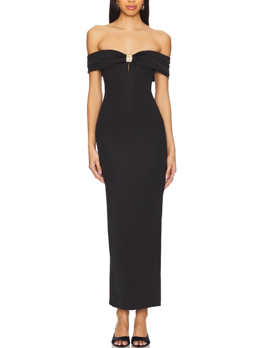 REVOLVE Superdown Strapless Black Column Gown with Gold Accent